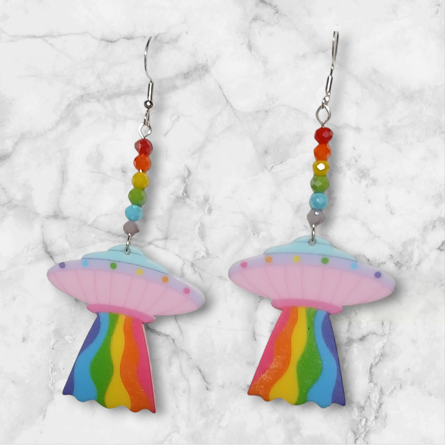 Handmade Rainbow spaceship earrings