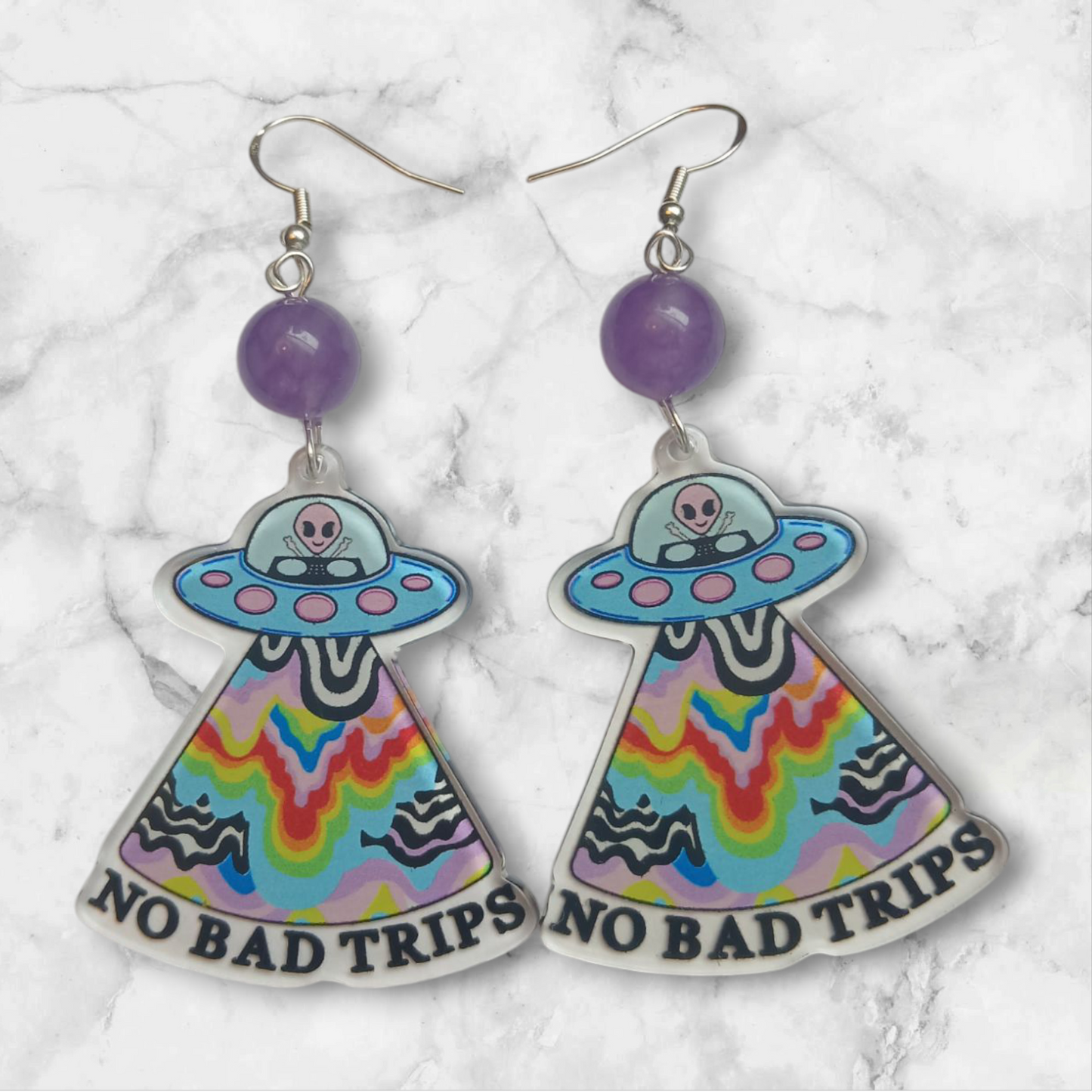 Handmade agate dyed purple and plastic spaceships earrings