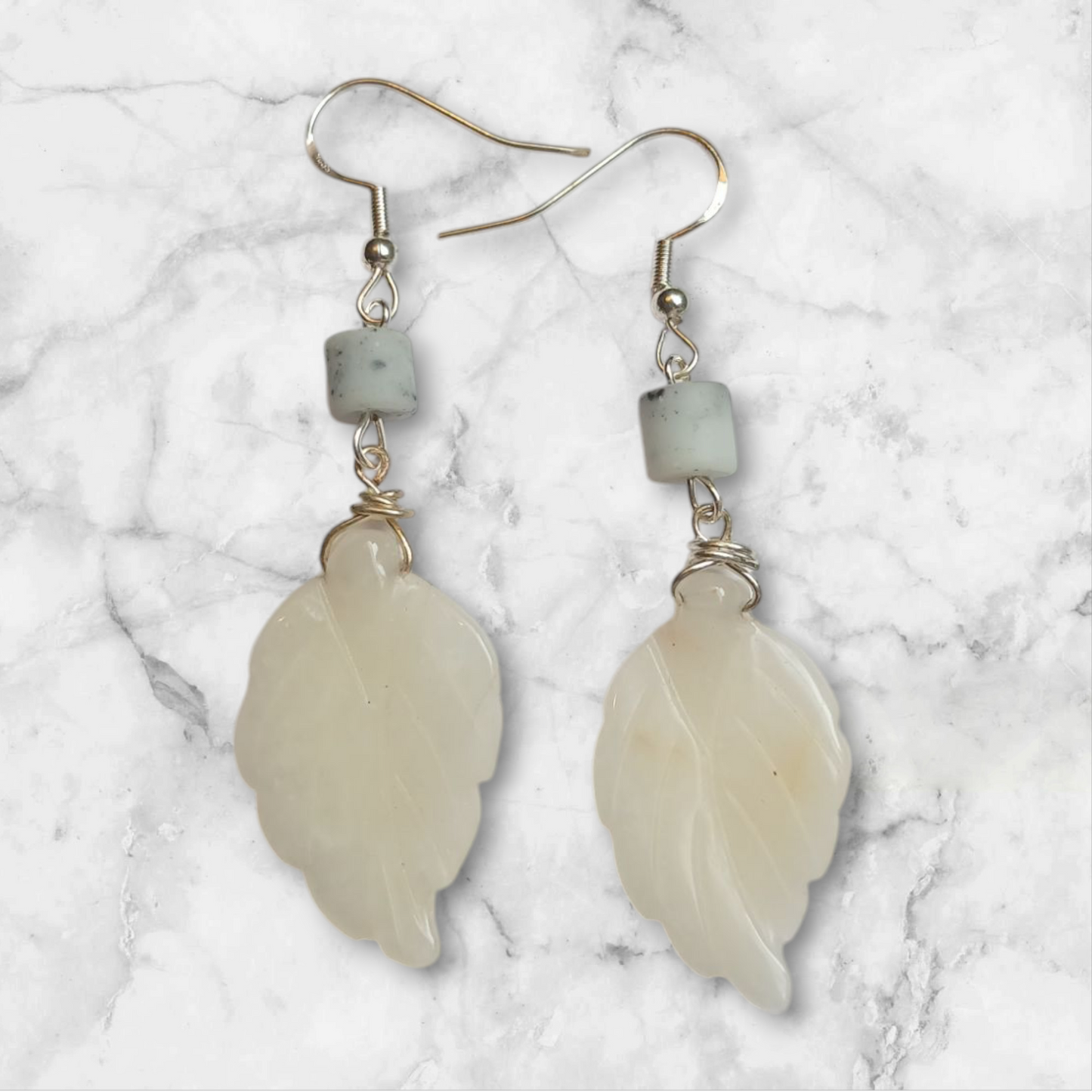 Handmade white jade leaf earrings