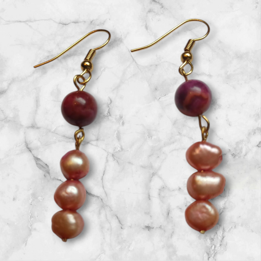 Handmade crazy lace agate and freshwater pearl earrings